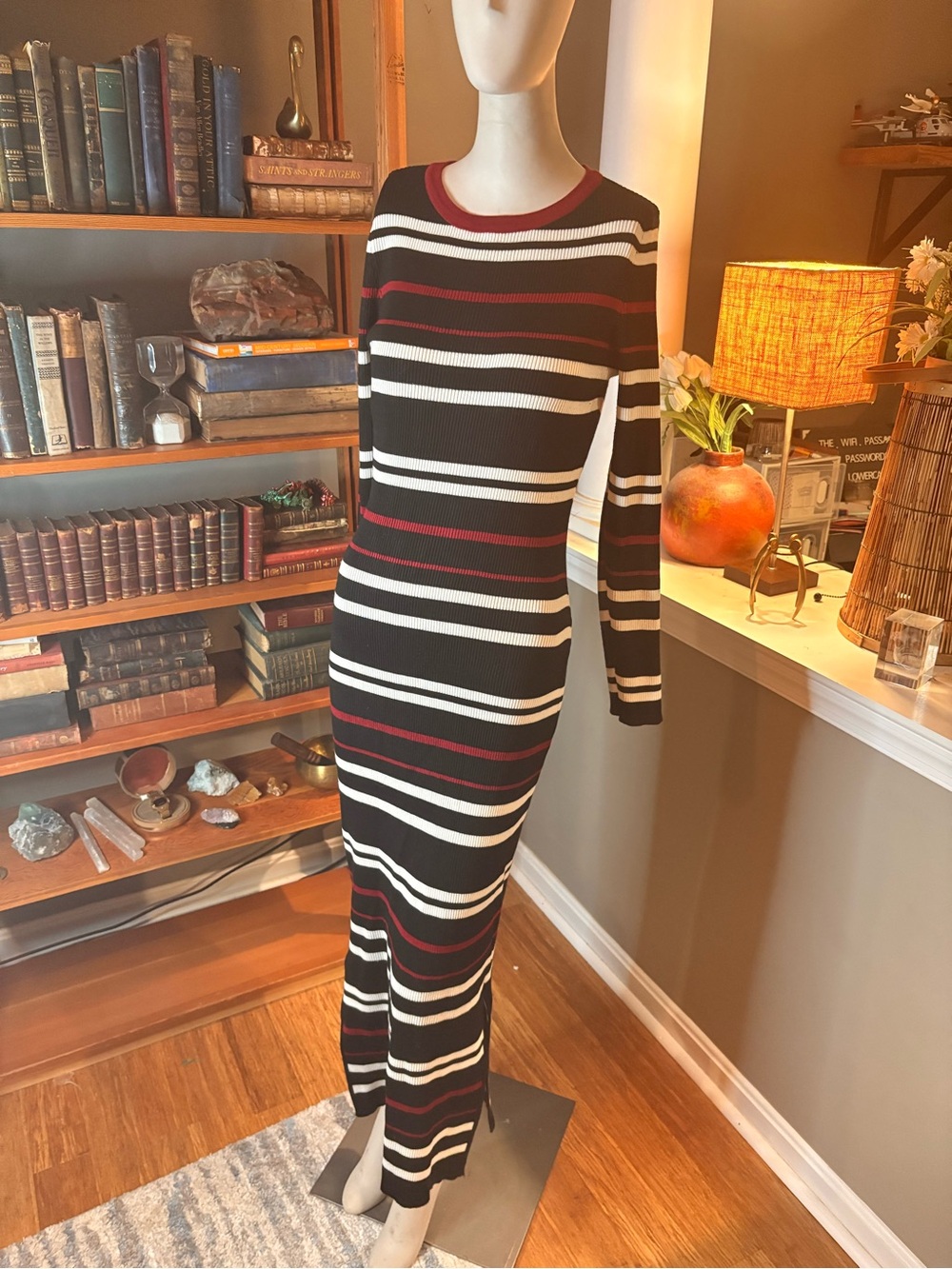 Love By Design Striped Ribbed Long Sleeve Maxi Dress in Black, White & Burgundy